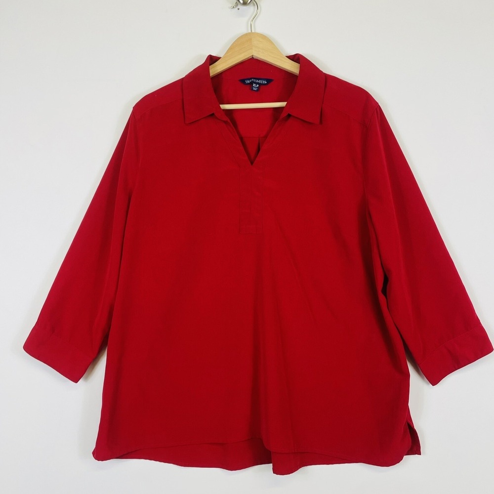 TravelSmith Womens XL Petite Shirt Red 3/4 Sleeve V-Neck Suede Feel Minimal